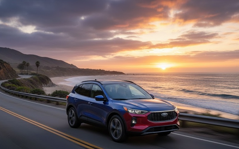 Blue Ford SUV driving along coastal highway at sunset, scenic ocean view.
